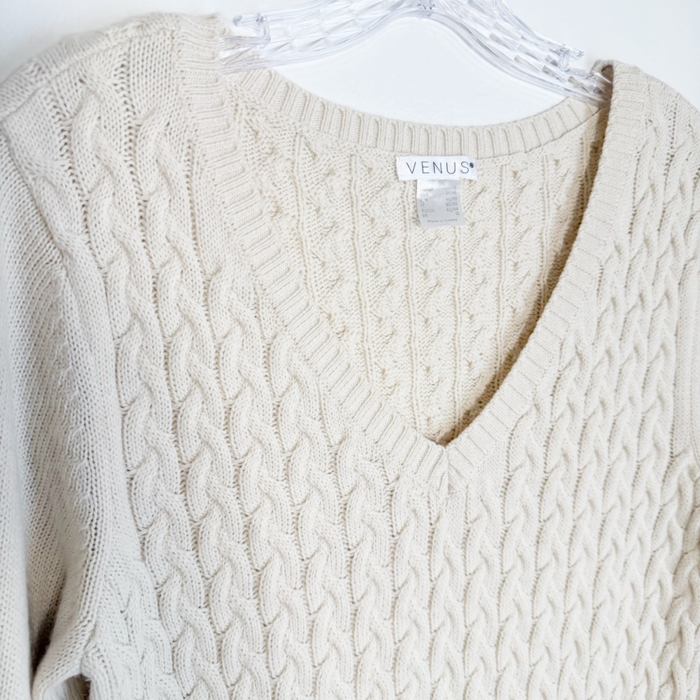 VENUS Cream Long Sleeve Cable Knit Dress with Ribbed Knit Cuffs/WaistBand/Hem - Picture 5 of 10